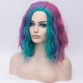 economico Parrucche di Carnevale-parrucche da donna multicolore, parrucche corte e ricce arcobaleno, parrucche ondulate con parte laterale colorata, parrucche per feste quotidiane di Halloween e cosplay per carnevale