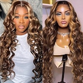 economico Parrucche lace front capelli veri-Parrucca profonda sciolta in pizzo frontale con mèches di capelli umani 4x4 p4/27 densità 150%