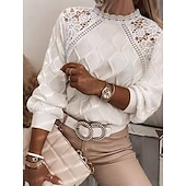 cheap Solid Colors-Women&#039;s Lace Splicing Top Plain Fashion Modern Casual Long Sleeve Turtleneck Regular Tops Daily Weekend Lace Patchwork White Blue Spring Fall