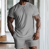 cheap Men's Basic Tees sets-Men's Waffle Shirt 2 Piece T-shirt Suits Tee Short Sleeve Short Pant Crew Neck Spring &amp; Summer Plain Fashion Designer Basic 2 Piece Vacation Street Going out Black White Gray Top Tee for Men