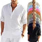 preiswerte Klassiker-Herren Hemd leinenhemd Hemd mit Stehkragen Popover-Shirt Sommerhemd Strandbekleidung Feste Farbe Hawaiianisch Festtage Schwarz Weiß Gelb Rosa Langarm Henley Sommer Frühling Bekleidung Button-Down