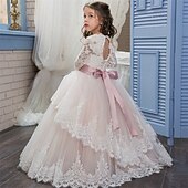 preiswerte Kleider für die Blumenmädchen-Blumenmädchenkleid Kinder Mädchen Prinzessinenkleid Leistung Hochzeit Party Elegant Schön Gitter Feste Farbe Langarm Rundhalsausschnitt Hellgelb Hellrosa 4 Jahre +