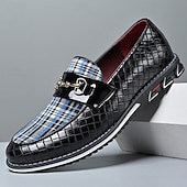 levne Pánské nazouváky a mokasíny-pánské černé lakované mokasíny s prošívaným vzorem a kostkovanými detaily – stylové slip-on společenské boty pro formální události, podnikání a večírky