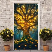 billige Garasje- og dørbanner-livets tre dørdeksler veggmaleri dekor dør billedvev dør gardin dekorasjon bakteppe dør banner avtakbar for inngangsdør innendørs utendørs hjemme rom dekorasjon gårdshus dekor forsyninger