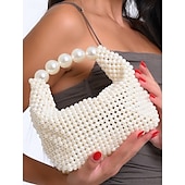 economico Clutch e borsette da sera-borsa da donna con perline finte e grande manico in perle, elegante pochette da sera per matrimoni, feste ed eventi formali nero argento beige