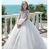 preiswerte Kleider für die Blumenmädchen-kinderkleidung Mädchen Kleid für die Erstkommunion Party Kleid Feste Farbe Ärmellos Langarm Leistung Hochzeit Party Gitter Prinzessin Süß Gitter Mitte der Wade Etuikleid Tüll-Kleid Sommer Frühling