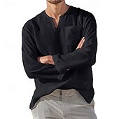 billiga Business Casual-Herr Skjorta linneskjorta Casual skjorta Slät Semester Hawaiisk Svart Vit Grön Aprikos Långärmad V-hals Vår &amp; Höst Kläder Ficka