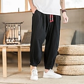 billiga Hem-Herr Joggare Linne Byxor Långbyxor Säckiga byxor Harem byxor Ficka Snörning Elastisk midja Slät Komfort Andningsfunktion Fullängd Hem Ledigt Dagligen Sport Mode Svart Grön