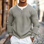 economico T-shirt in maglia waffle-Per uomo Maglietta Waffle Felpa Pullover Maglietta Camicia a Maniche Lunghe Manica Lunga Girocollo Scollo a V Primavera &amp; Autunno Semplice Moda Designer Essenziale Moda Finto due pezzi Vacanza
