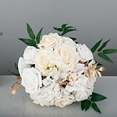abordables Plantas y Flores Artificiales-Ramos de novia, ramos de novia y dama de honor de estilo occidental con flores de seda artificiales, flores artificiales para fotografía de bodas al aire libre y accesorios