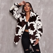 Women's Faux Fur Coat Warm Comfortable Pocket Knitting Elegant Cute Daily Sweet Cow Print Athleisure Daily Wear Going out Casual Daily Single Breasted Regular Lapel Slim Long Sleeve Outerwear Black3