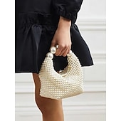 economico Clutch e borsette da sera-borsa da donna con perline finte e grande manico in perle, elegante pochette da sera per matrimoni, feste ed eventi formali nero argento beige