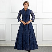 baratos Comprimento do chão-vestido de mãe da noiva em corte A elegante decote em V comprimento até o chão renda manga 3/4 com laço(s) 2025