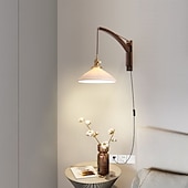 cheap Indoor Wall Lights-Bedside Wall Mount Wall Lamp Ceramic Lampshade LED Wall Lamp with Wood Lamp Hanger in Scandinavian Style Plug in Wall Light