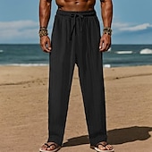 baratos Feriado-Homens Calças de linho Calças Calça verão Calças de praia Com Cordão Cintura elástica Perna reta Tecido Conforto Respirável Comprimento total Diário Feriado Praia Férias Moda Preto Branco