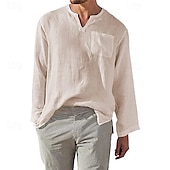 billiga Business Casual-Herr Skjorta linneskjorta Casual skjorta Slät Semester Hawaiisk Svart Vit Grön Aprikos Långärmad V-hals Vår &amp; Höst Kläder Ficka