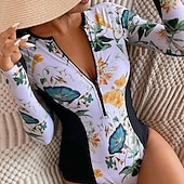 cheap One Pieces Rash Guards-Women's Rash Guard One Piece Swimsuit Floral Printed Front Zip Quick Dry Lightweight Breathable Sleeveless Bodysuit Bathing Suit Surfing Beach Water Sports Summer