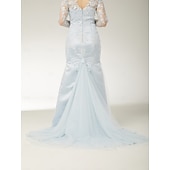 preiswerte Bodenlänge-Meerjungfrau/Trompete Strandhochzeit Mutter der Braut Kleid elegant V-Ausschnitt Sweep/Pinselschleppe Spitze Tüll lange Ärmel mit Applikationen 2025