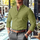 cheap Business Casual-Men&#039;s Shirt Band Collar Shirt Summer Shirt Dress Shirt Button Up Shirt Solid Color Work Wear to work Black White Pink Blue Long Sleeve Collar Clothing Apparel