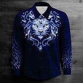economico Stampa animal-Per uomo Leone Camicia con colletto Camicia con bottoni Manica lunga Scuro Casual Informale Primavera Autunno Collo ripiegabile Abbottonare Nero Giallo Blu