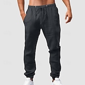 baratos Clássico-Homens Calças de linho Calças Calça verão Calças de gaze Com Cordão Cintura elástica Bolso frontal Tecido Conforto Respirável Comprimento total Casual Diário Feriado Moda Estilo Clássico ダークカーキ Preto