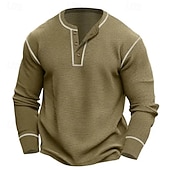 cheap Casual Henley Tee-Men&#039;s Waffle Tee T Shirt Waffle Henley Shirt Tee Top Long Sleeve Solid Color Daily Casual Street Style Buttons Color Block Crewneck Henley Outdoor Street Causal Spring &amp;  Fall Black Green Henley