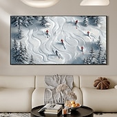 cheap Landscape Paintings-Handmade Original Skiing Painting Oil Painting On Canvas Abstract Texture Winter Landscape Painting Wall Art for Home Decor With Stretched Frame/Without Inner Frame Painting