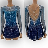 voordelige Schaatsjurken-Kunstschaatsjurk Dames Voor meisjes Schaatsen Jurken Blauw Open achterkant Asymetrische zoom Netstof Hoge Elasticiteit Opleiding Wedstrijd Kunstschaatskleding Klassiek Kristal / Bergkristal Lange mouw