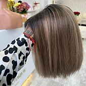 baratos Perucas de seda frontais de cabelo natural-Cabelo virgem não processado Fechamento 5x5 13x4 Lace Front Peruca Bob curto Cabelo Brasileiro Liso Multi Cores Peruca 130% 150% Densidade do Cabelo Cabelo Ombre Cabelo com Luzes / Reflexos Riscas
