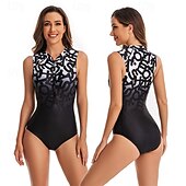 זול רש גארדים One Piece-בגדי ריקוד נשים מגן מפריחה בגד ים הדפס רוכסן קדמי ספנדקס הגנה מפני השמש UV UPF50+ ייבוש מהיר ללא שרוולים חליפת גוף בגד ים גלישה חוף ספורט מים קיץ