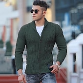 cheap Men&#039;s Cardigan Sweater-Men&#039;s Sweater Cardigan Sweater Fall Sweater Cable Cropped Plain Shawl Collar Fashion Warm Ups Christmas Xmas Clothing Apparel Fall &amp; Winter Wine Red Black S M L