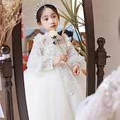 voordelige Bloemenjurken-Bloemenmeisjesjurk kinderen Voor meisjes Prinses jurk Prestatie Bruiloft Feest Elegant Mooi Netstof Effen Kleur Lange mouw Opstaande boord Wit 4 jaar +
