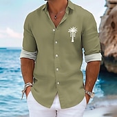 cheap Tropical Plants-Men&#039;s Palm Tree Summer Hawaiian Shirt Aloha Shirt Long Sleeve Hawaiian Resort Vacation Causal Casual Summer Spring Turndown Button Up Navy Blue Blue Sky Blue Green Beige