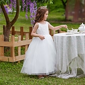 baratos Vestidos floridos-Vestido para Meninas das Flores Crianças Para Meninas Vestido de princesa Espetáculo Casamento Festa Elegante Lindo Com Transparência Côr Sólida Sem Manga Gola Redonda Branco Rosa 4 anos +