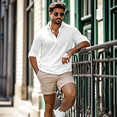 economico Strada-Per uomo Camicia camicia di lino Camicia estiva Abbigliamento mare Liscio Da mare Informale Bianco Cachi Grigio chiaro Azzurro Manica lunga Bavero Primavera estate Abbigliamento