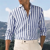 preiswerte Business Casual-Herren Hemd leinenhemd Sommerhemd Strandbekleidung Knopfhemd Gestreift Party Strasse Schwarz Rosa Rote Blau Langarm Kragen Sommer Bekleidung