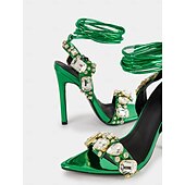 economico cocktail-Sandali con tacco a spillo da donna in pelle metallizzata verde con lacci e decorazioni in strass – sandali glamour per cocktail party e serate