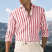 preiswerte Business Casual-Herren Hemd leinenhemd Sommerhemd Strandbekleidung Knopfhemd Gestreift Party Strasse Schwarz Rosa Rote Blau Langarm Kragen Sommer Bekleidung
