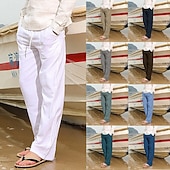 preiswerte Urlaub-Herren Leinenhosen Hose Sommerhose Strandhose Kordelzug Elastischer Bund Gerader Schnitt Einfach Komfort Atmungsaktiv Volle Länge Lässig Täglich Ferien Urlaub Mode Schwarz Weiß