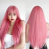 economico Parrucche trendy sintetiche-parrucca lunga e dritta con frangia parrucca parrucca sintetica resistente al calore con radici scure crea parrucche dall&#039;aspetto naturale per le donne parrucca da festa cosplay e per uso quotidiano