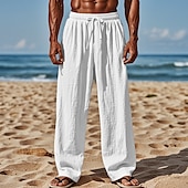 baratos Feriado-Homens Calças de linho Calças Calça verão Calças de praia Com Cordão Cintura elástica Perna reta Tecido Conforto Respirável Comprimento total Casual Diário Feriado Férias Moda Preto Branco