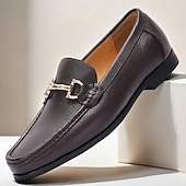 billiga Halvformell-Loafers i premiumkoskinn för män med accent av guldspänne, klassiska formell slip-on skor för affärer, arbete och vardagliga tillfällen