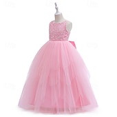 baratos Vestidos floridos-Vestido para Meninas das Flores Crianças Para Meninas Vestido de princesa Espetáculo Casamento Festa Elegante Lindo Com Transparência Côr Sólida Sem Manga Gola Redonda Branco Rosa 4 anos +
