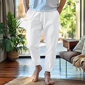 baratos Lar-Homens Calças de linho Calças Calça verão Cintura elástica Perna reta Ascensão alta Côr Sólida Conforto Respirável Comprimento total Casa Simples Casual Preto Branco Sem Elasticidade