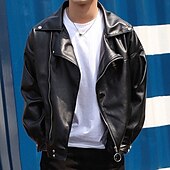 cheap Faux Leather Jackets-Men's Faux Leather Jacket Transition Jacket Biker Jacket Motorcycle Jacket Vacation Daily Windproof Warm Pocket Fall &amp; Winter Plain Fashion Classic Lapel Regular Black Jacket