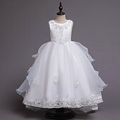 billige Blomsterkjoler-Blomsterpikekjole Barn Jente Prinsesse kjole Ytelse Bryllup Fest Elegant Vakker Netting Helfarge Ermeløs Crew-hals Vinrød Hvit 4 år +