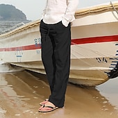 preiswerte Urlaub-Herren Leinenhosen Hose Sommerhose Strandhose Kordelzug Elastischer Bund Gerader Schnitt Einfach Komfort Atmungsaktiv Volle Länge Lässig Täglich Ferien Urlaub Mode Schwarz Weiß