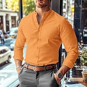 cheap Business Casual-Men&#039;s Shirt Band Collar Shirt Summer Shirt Dress Shirt Button Up Shirt Solid Color Work Wear to work Black White Pink Blue Long Sleeve Collar Clothing Apparel