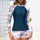 お買い得  ワンピースラッシュガード-女性用 ラッシュガード水着 花 プリント 2個 フロントファスナー 速乾性 ライトウェイト 高通気性 長袖 スイムウェア 水着 サーフィン ビーチ ウォータースポーツ 夏