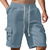 cheap Classic-Men&#039;s Cargo Shorts Linen Shorts Summer Shorts Beach Shorts Drawstring Elastic Waist Multi Pocket Plain Comfort Breathable Knee Length Outdoor Work Daily Classic Style Casual Black White